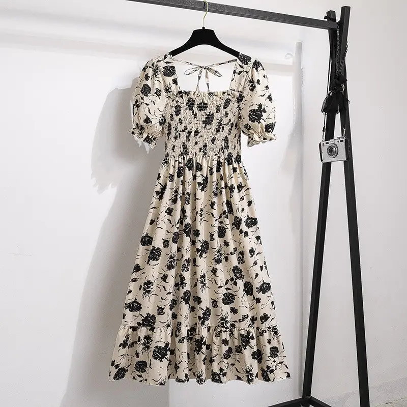 French Floral Lace Dress Women Square Collar Puff Sleeves - Image 16