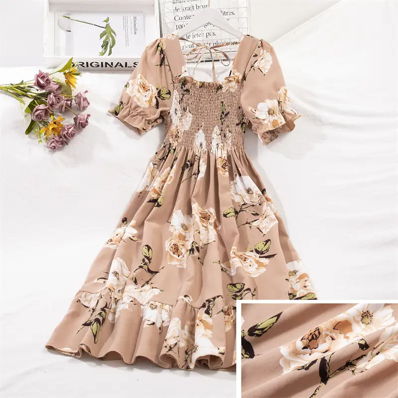 French Floral Lace Dress Women Square Collar Puff Sleeves - Image 17