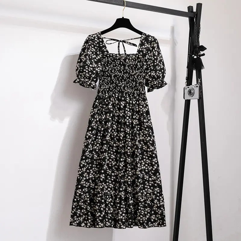 French Floral Lace Dress Women Square Collar Puff Sleeves - Image 4