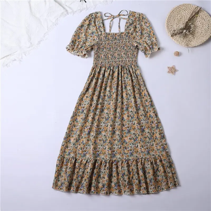 French Floral Lace Dress Women Square Collar Puff Sleeves - Image 5