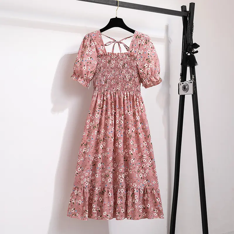 French Floral Lace Dress Women Square Collar Puff Sleeves - Image 9