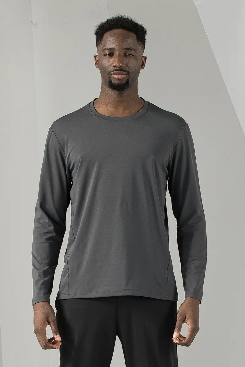Long Sleeve Grey Cotton T-Shirt for Men - Image 3