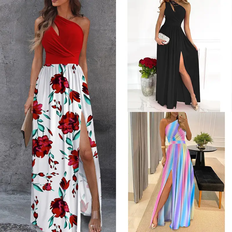 Off-Shoulder Long Dress with Floral Print High Waist Slit - Image 11