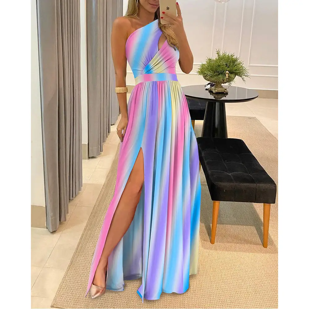 Off-Shoulder Long Dress with Floral Print High Waist Slit - Image 12
