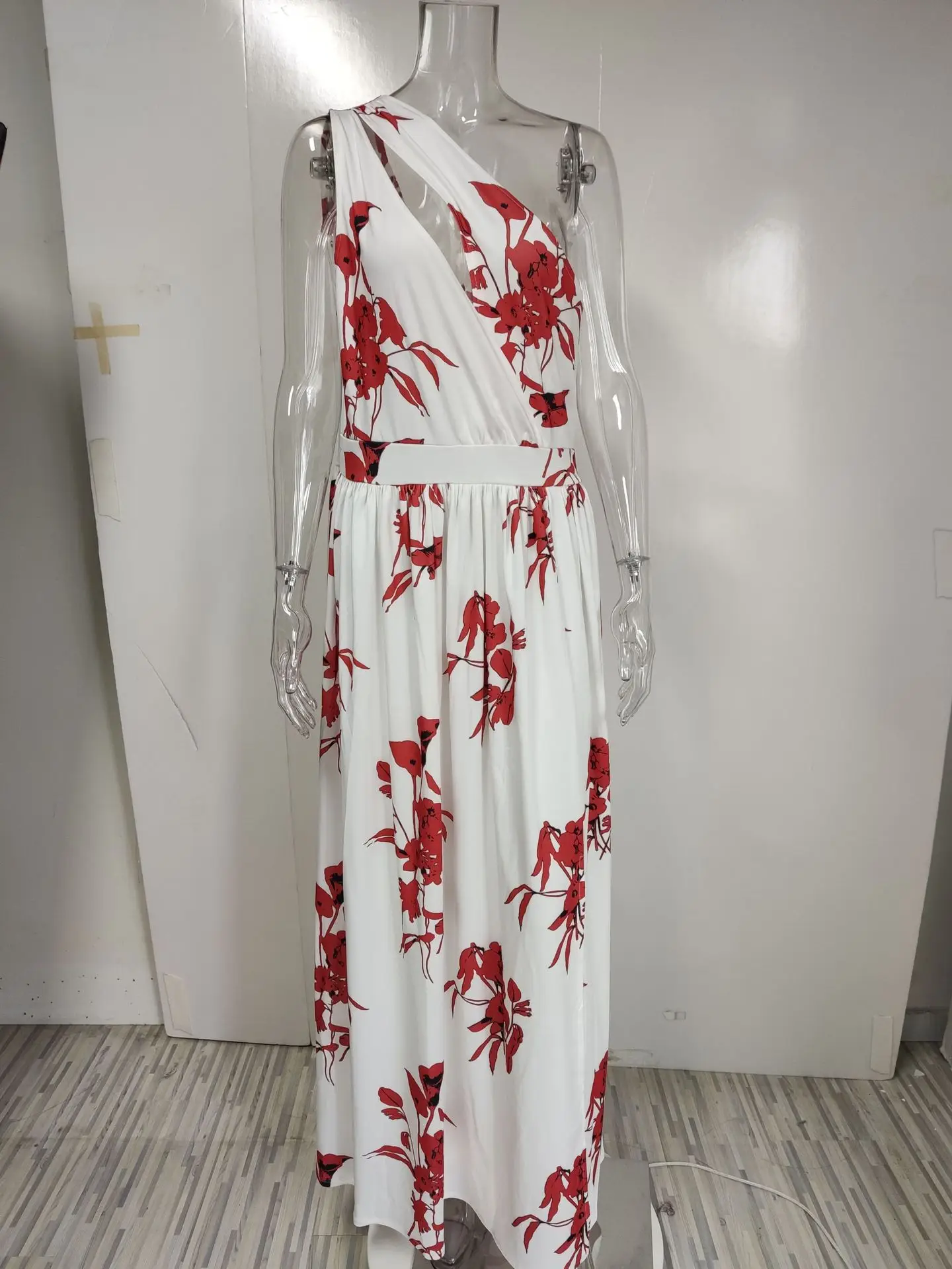 Off-Shoulder Long Dress with Floral Print High Waist Slit — feature 48