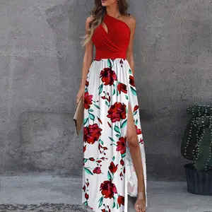 Off-Shoulder Long Dress with Floral Print High Waist Slit - Image 7
