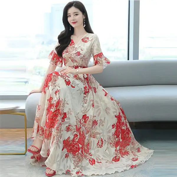 2022 Floral Gown Dress for Women with Red Embroidery