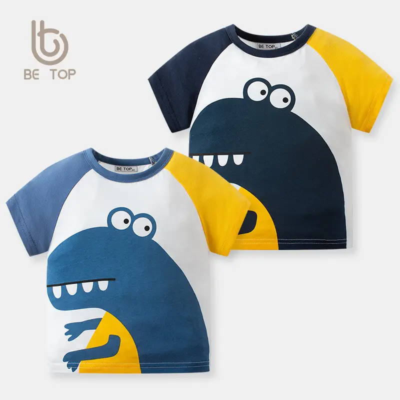 Kids Cartoon Dinosaur T-Shirt Blue Yellow Cotton - Image 3