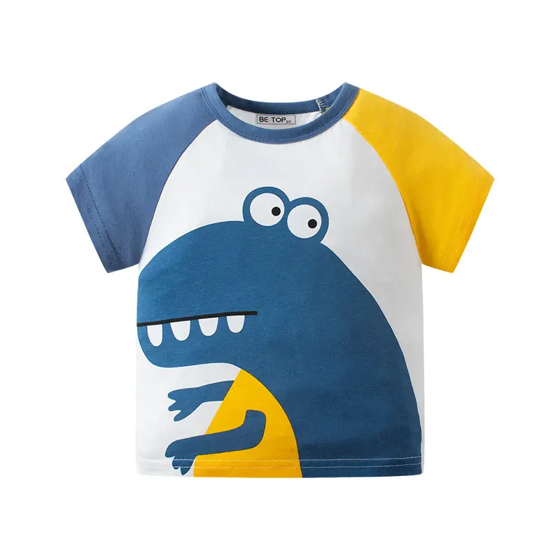 Kids Cartoon Dinosaur T-Shirt Blue Yellow Cotton - Image 2