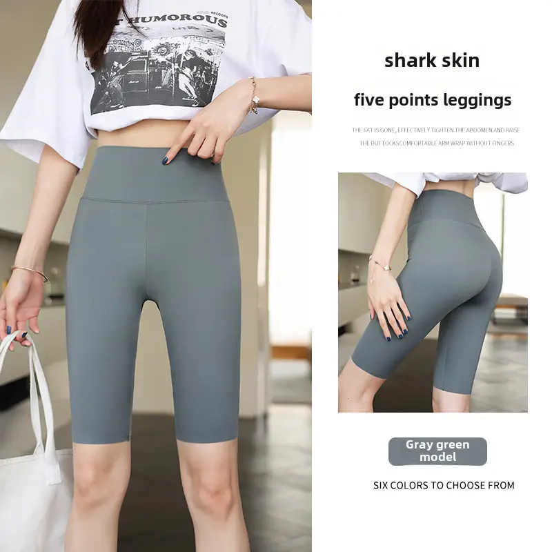 Women Shark Skin Leggings Gray Five Points Tight Fitting - Image 45
