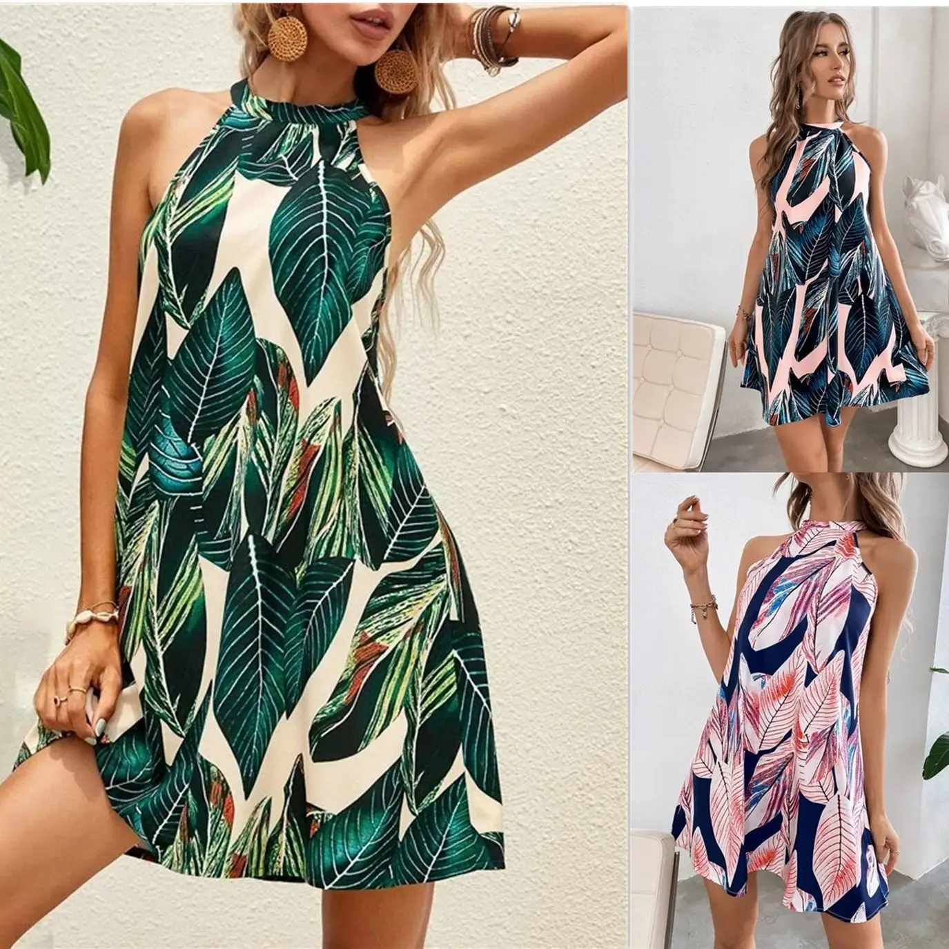 2024 Summer Leaf Print Halter Dress for Women - Image 4
