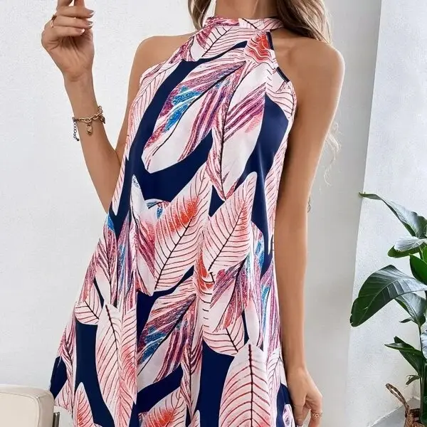 2024 Summer Leaf Print Halter Dress for Women - Image 6