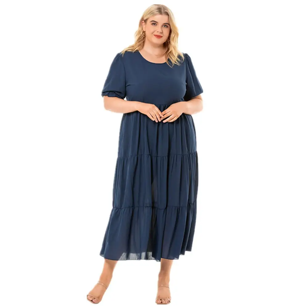 Plus Size Fat Body Dress Navy Blue Round Neck Short Sleeve - Image 6