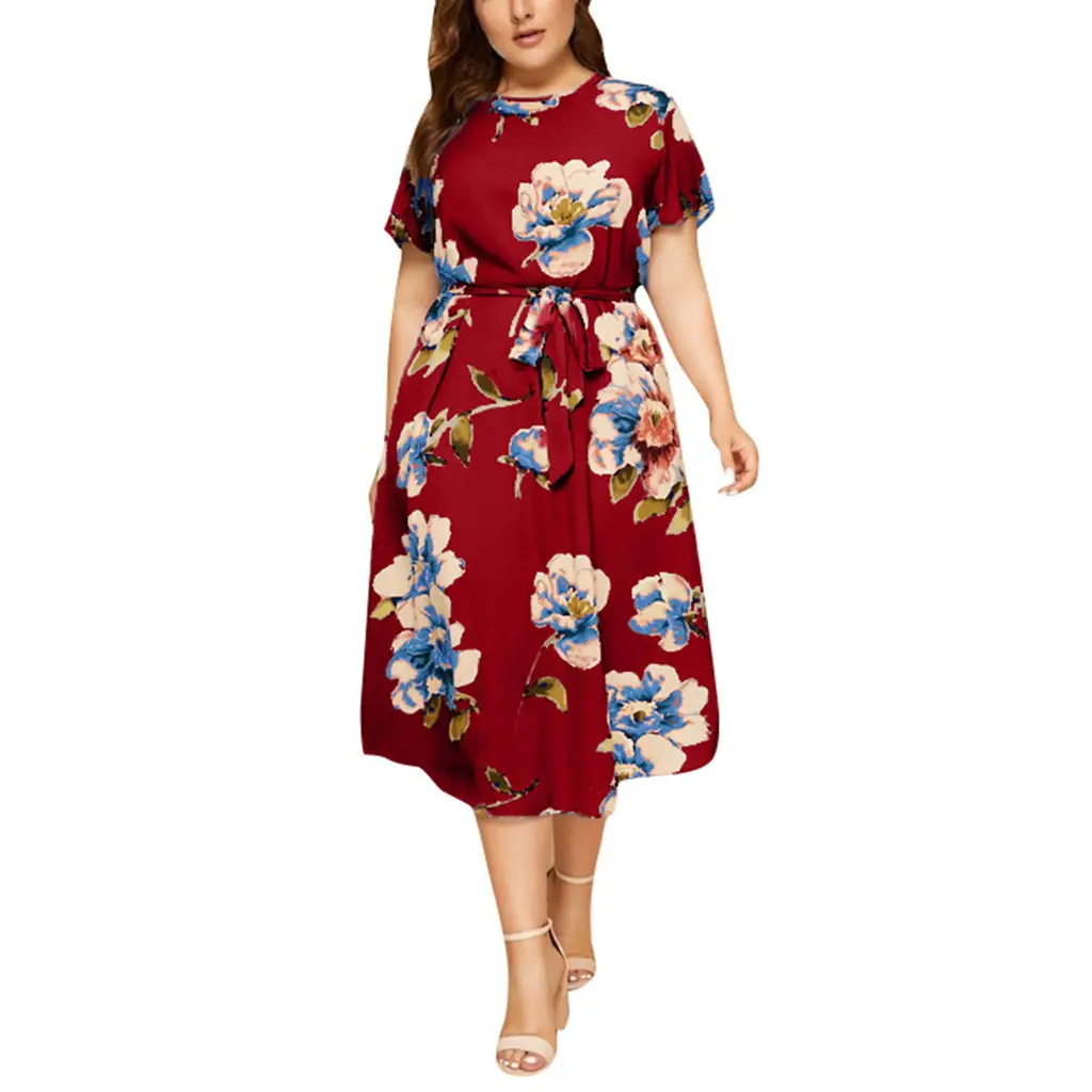 Women's Large Size Floral Midi Dress Red Blue Print - Image 6