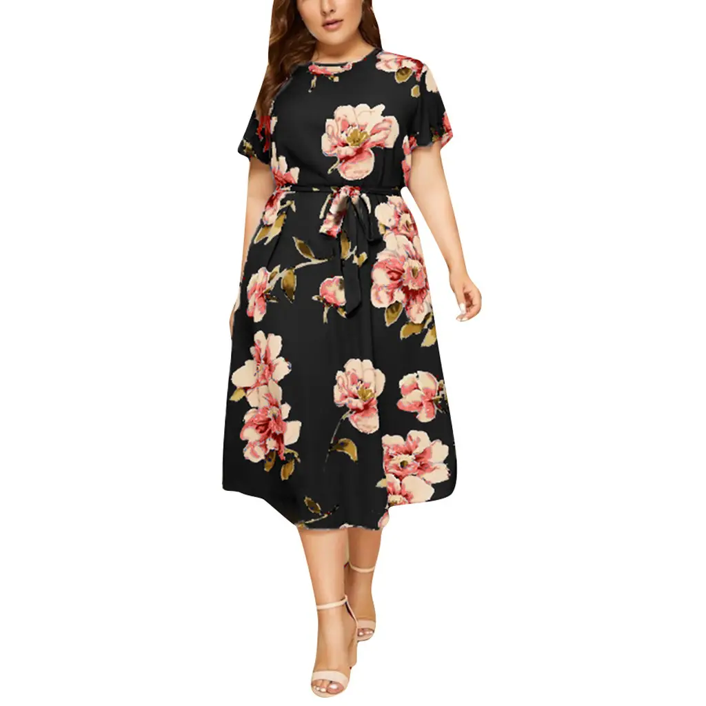 Women's Large Size Floral Midi Dress Red Blue Print - Image 7