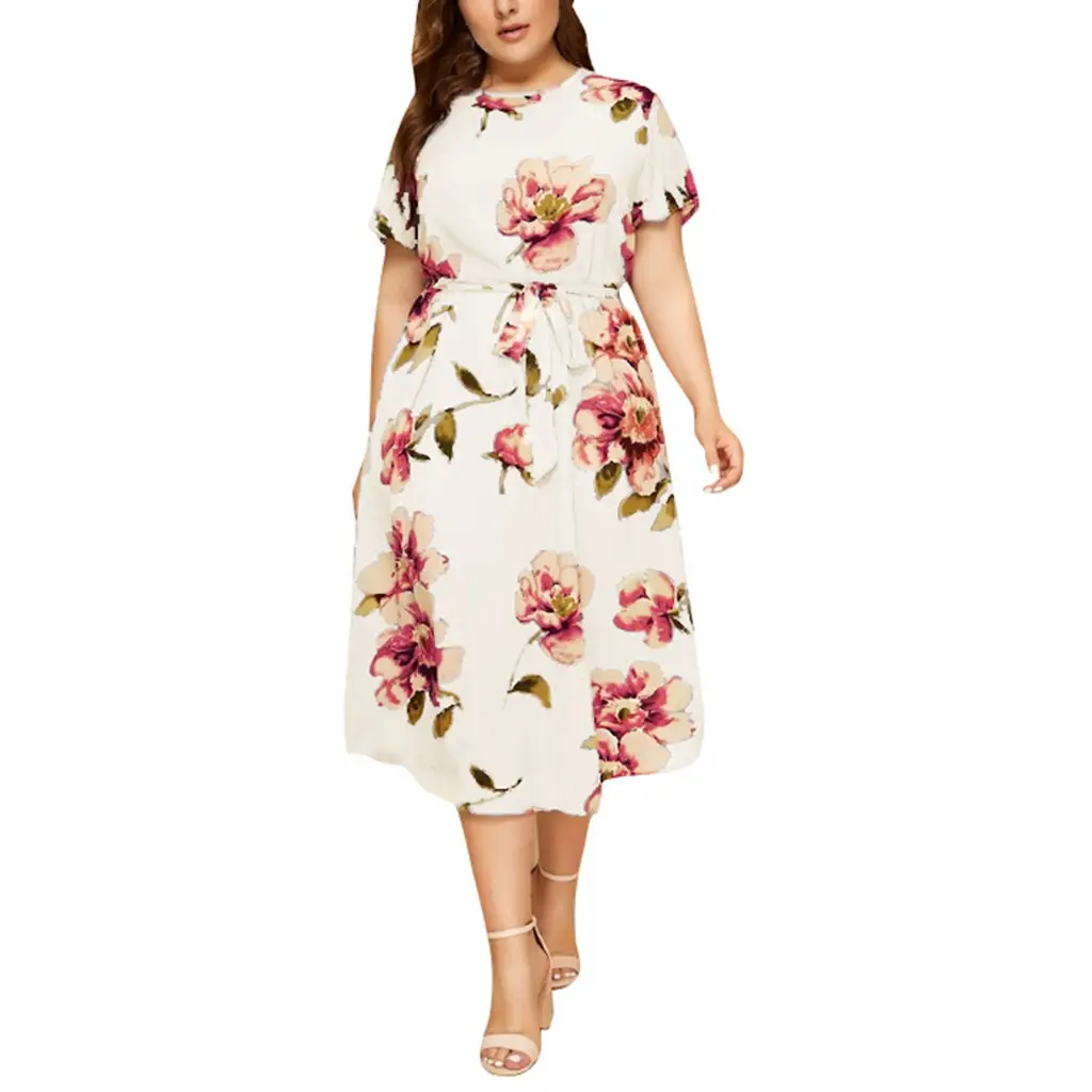 Women's Large Size Floral Midi Dress Red Blue Print - Image 8