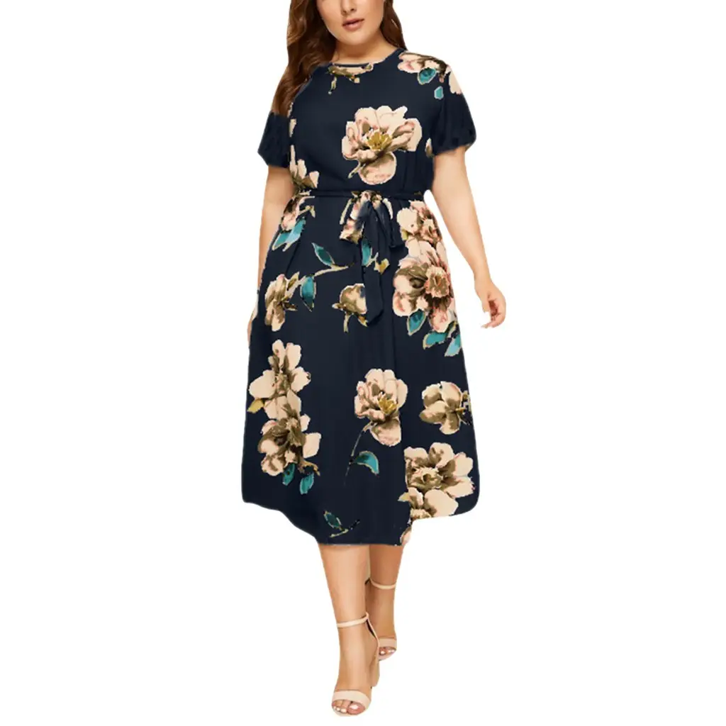 Women's Large Size Floral Midi Dress Red Blue Print - Image 9