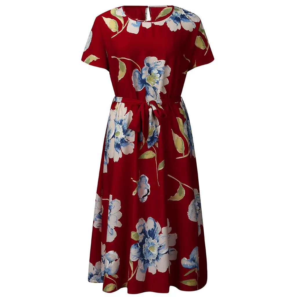 Women's Large Size Floral Midi Dress Red Blue Print - Image 3