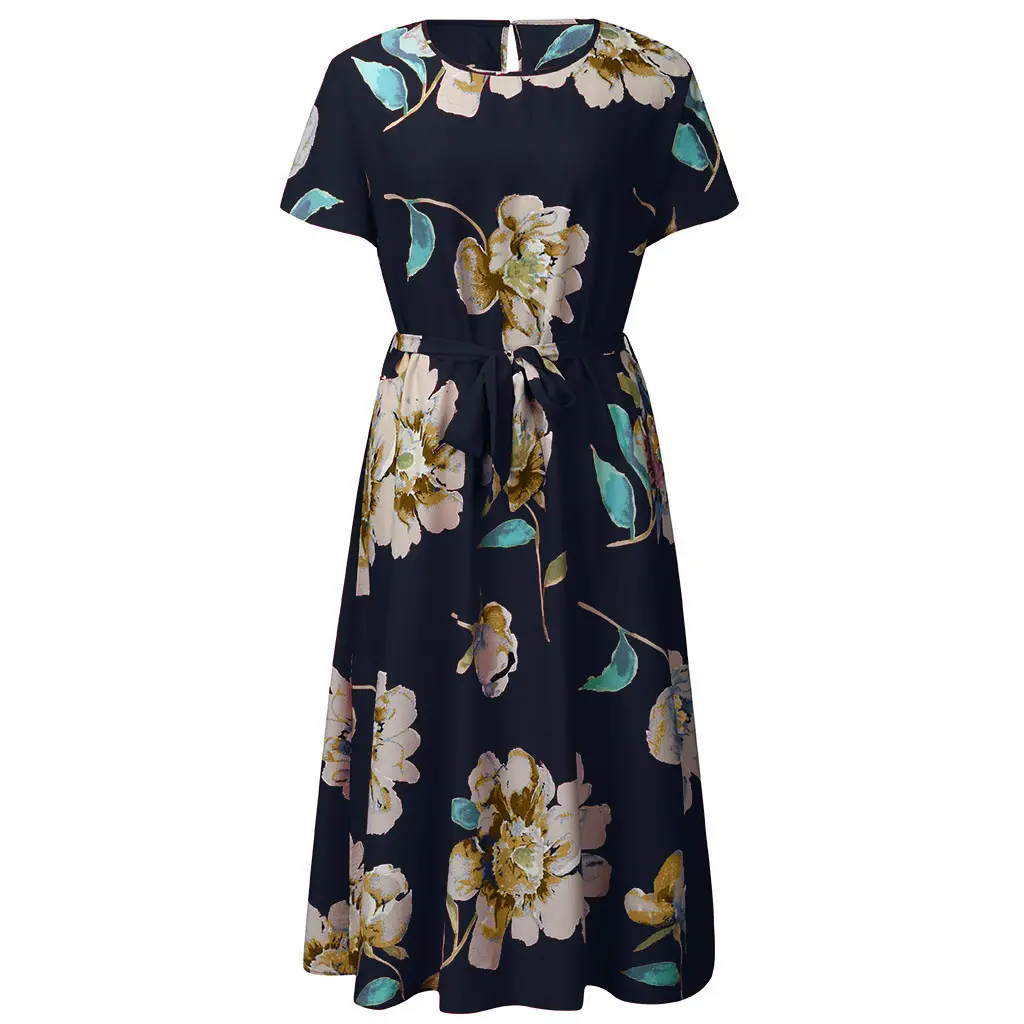 Women's Large Size Floral Midi Dress Red Blue Print - Image 4