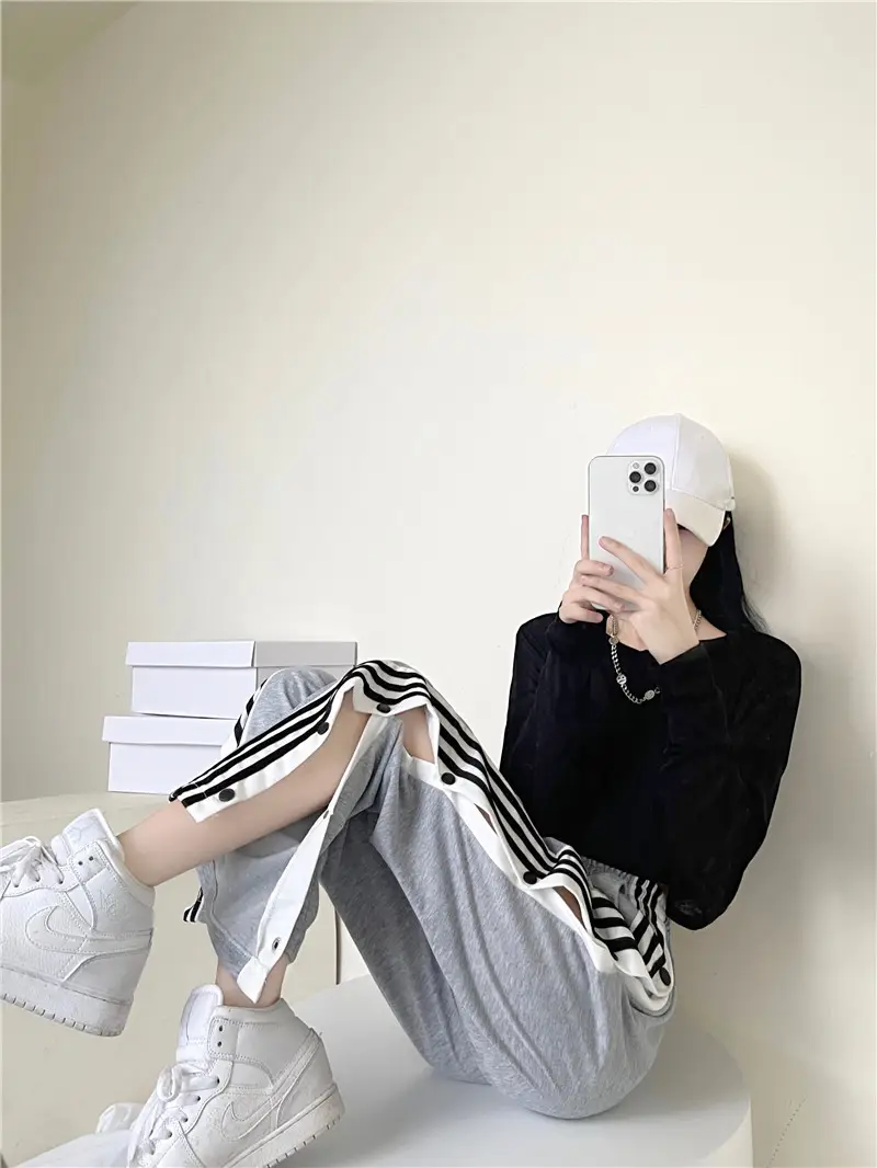 Women Button Loose Casual Trousers Grey Black Split 2021 — feature 12