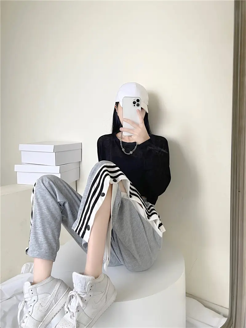Women Button Loose Casual Trousers Grey Black Split 2021 — feature 13