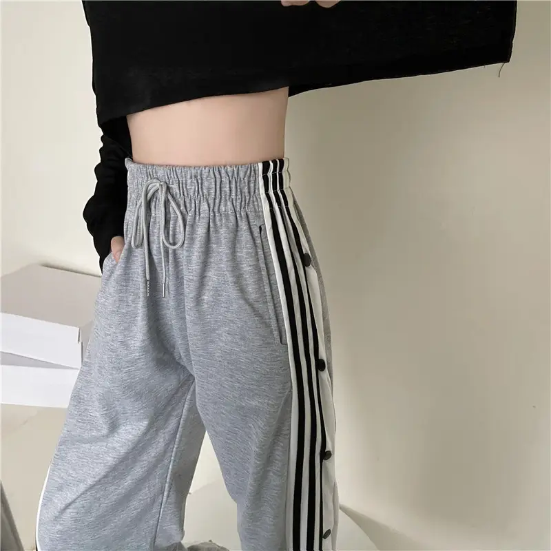 Women Button Loose Casual Trousers Grey Black Split 2021 — feature 14