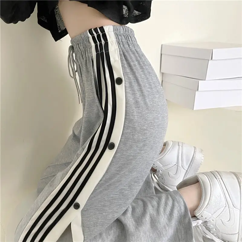 Women Button Loose Casual Trousers Grey Black Split 2021 — feature 15