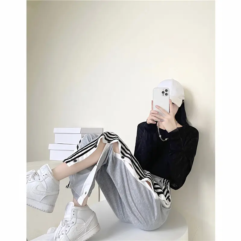 Women Button Loose Casual Trousers Grey Black Split 2021 — feature 16