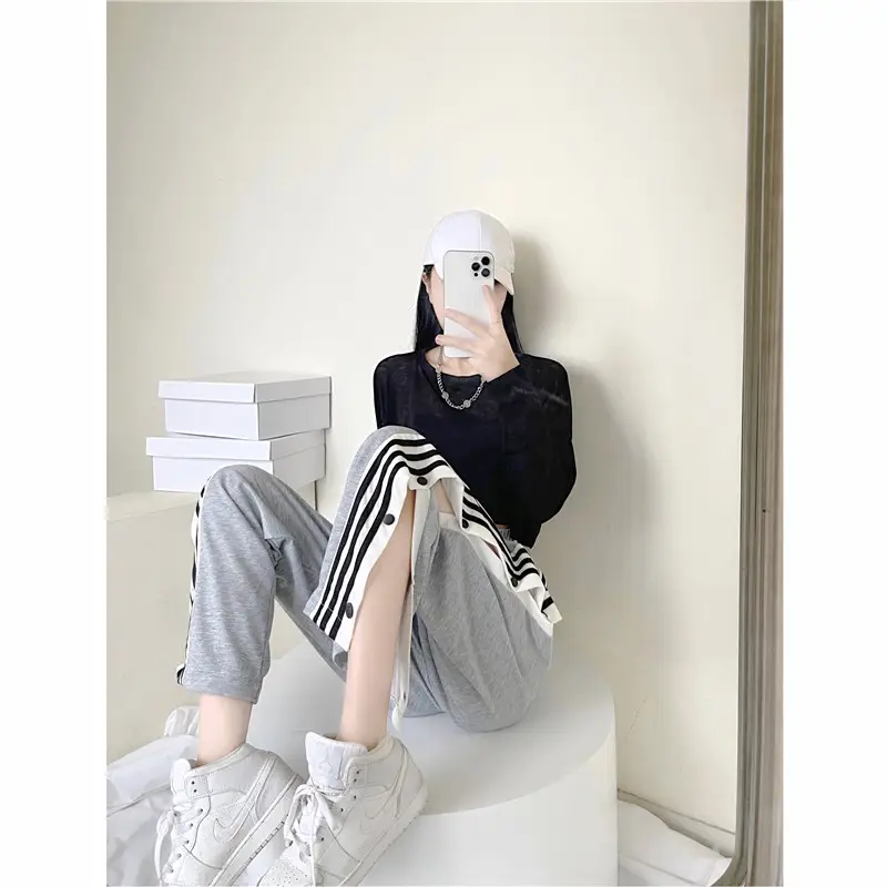 Women Button Loose Casual Trousers Grey Black Split 2021 — feature 17
