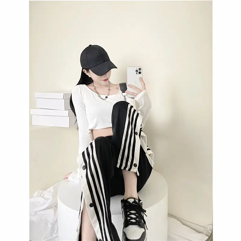 Women Button Loose Casual Trousers Grey Black Split 2021 — feature 25