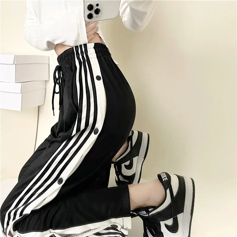 Women Button Loose Casual Trousers Grey Black Split 2021 — feature 29