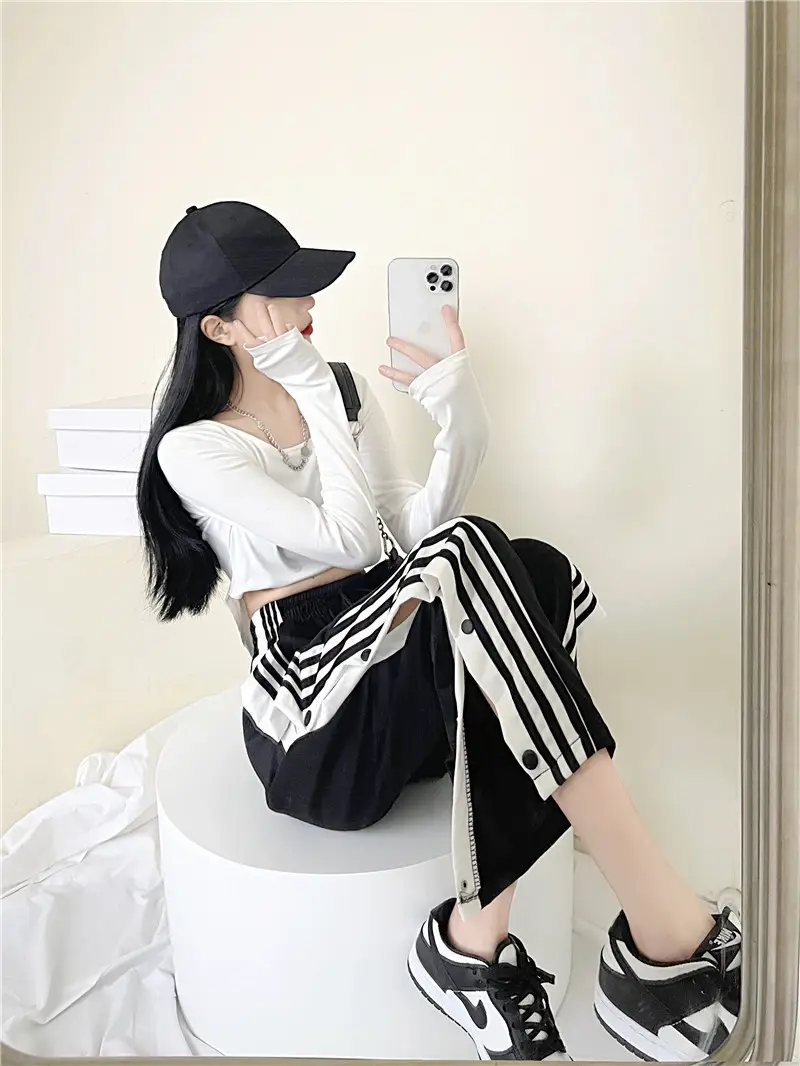 Women Button Loose Casual Trousers Grey Black Split 2021 — feature 30