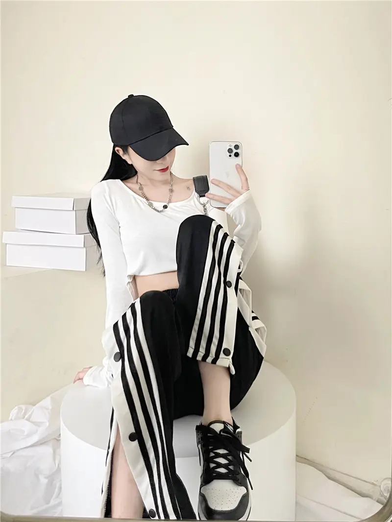 Women Button Loose Casual Trousers Grey Black Split 2021 — feature 31