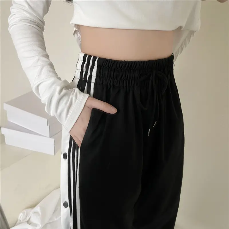Women Button Loose Casual Trousers Grey Black Split 2021 — feature 34