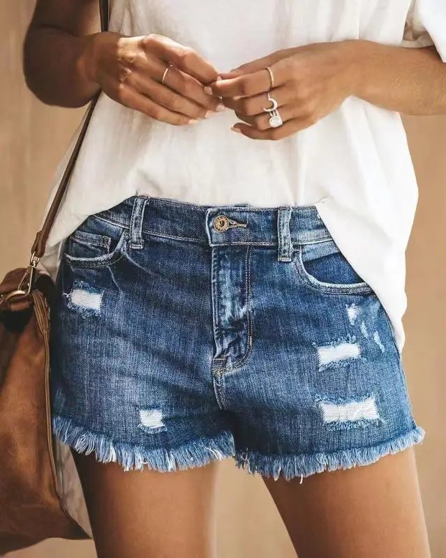 Ripped Flow Comb Denim Shorts for Women