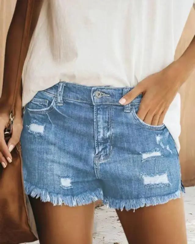 Ripped Flow Comb Denim Shorts for Women