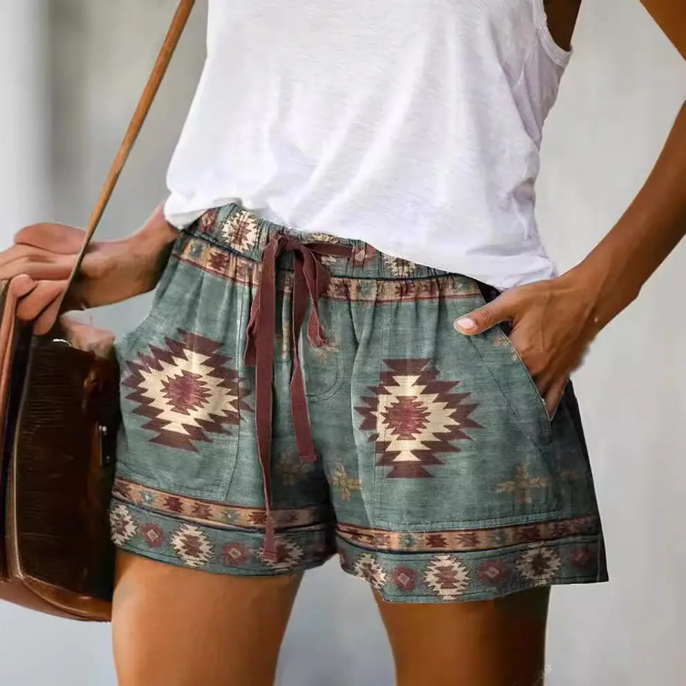 Women's Red Patterned High Waist Casual Shorts 2022 - Image 12