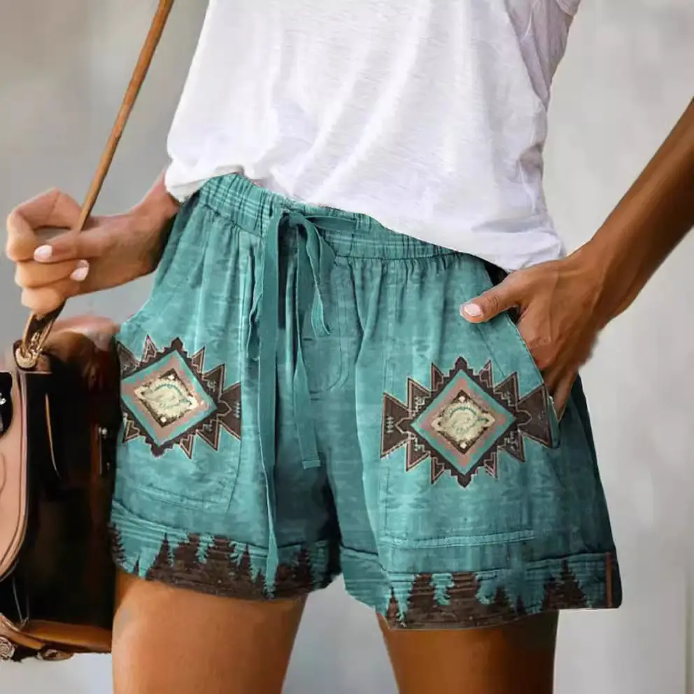 Women's Red Patterned High Waist Casual Shorts 2022 - Image 14
