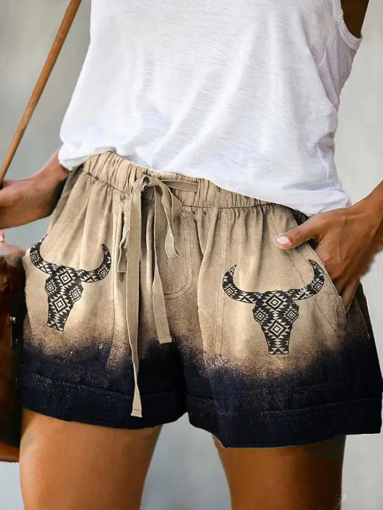 Women's Red Patterned High Waist Casual Shorts 2022 - Image 3