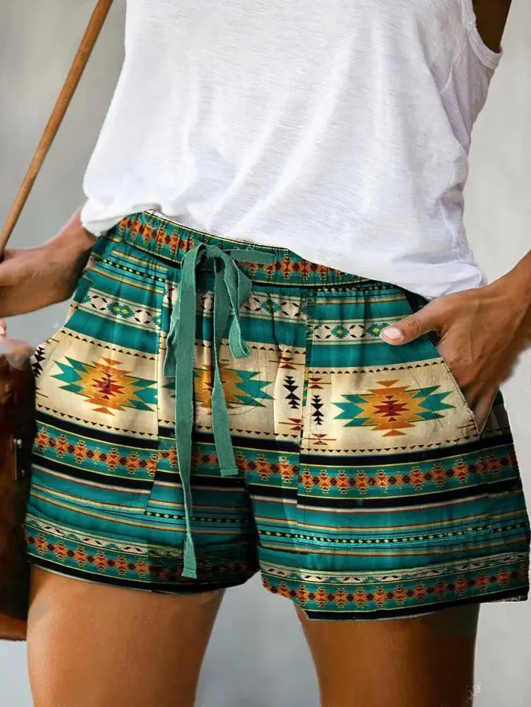 Women's Red Patterned High Waist Casual Shorts 2022 - Image 4