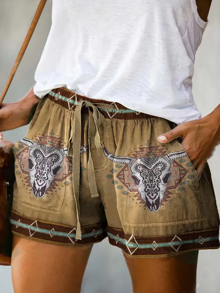 Women's Red Patterned High Waist Casual Shorts 2022 - Image 5