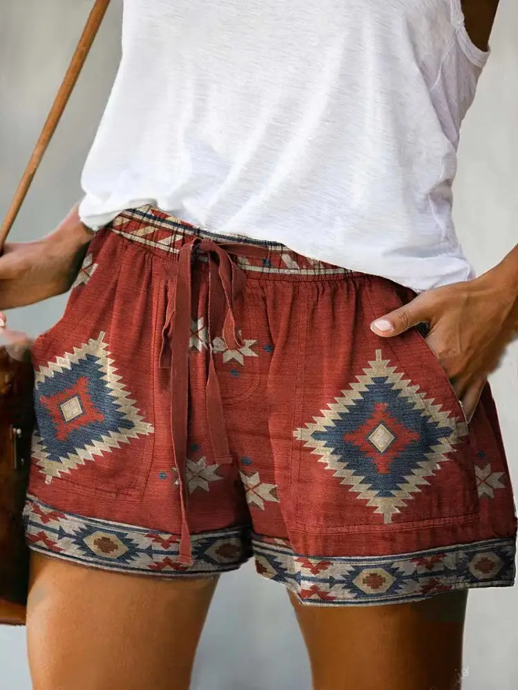 Women's Red Patterned High Waist Casual Shorts 2022 - Image 6
