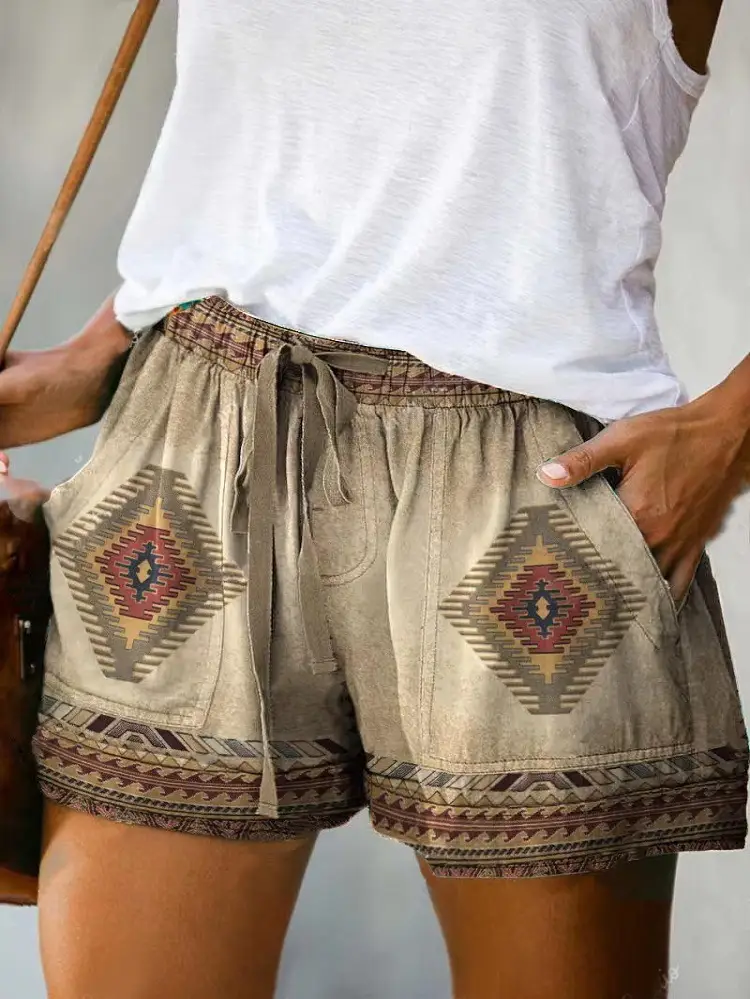 Women's Red Patterned High Waist Casual Shorts 2022 - Image 7