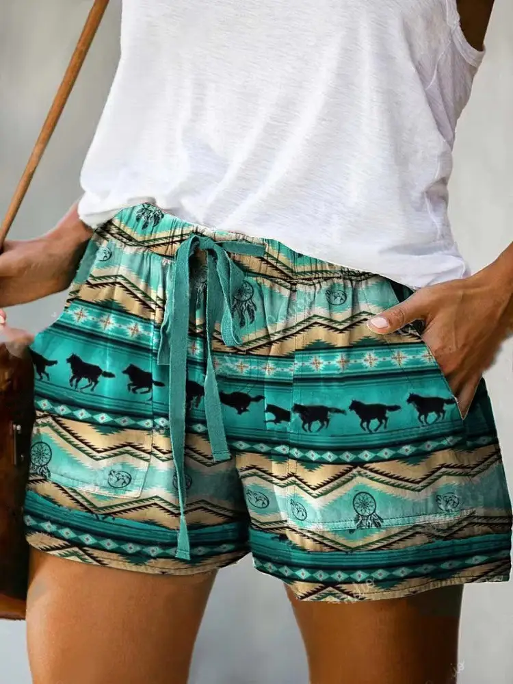 Women's Red Patterned High Waist Casual Shorts 2022 - Image 8