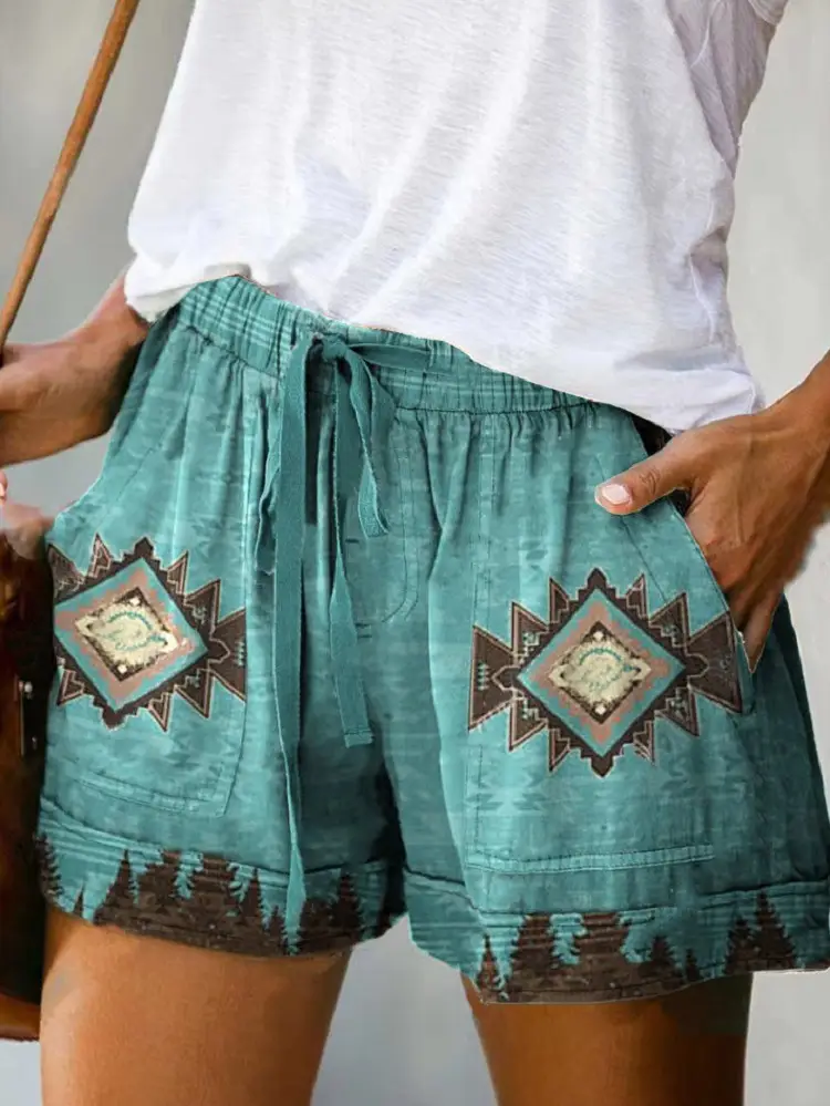 Women's Red Patterned High Waist Casual Shorts 2022 - Image 9