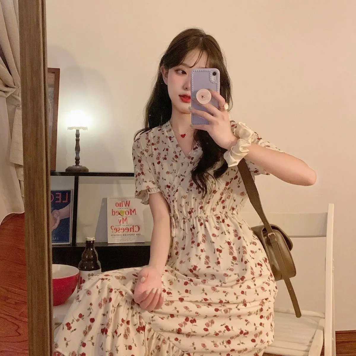 Women French Dress Summer Floral Chubby Waist Large - Image 5