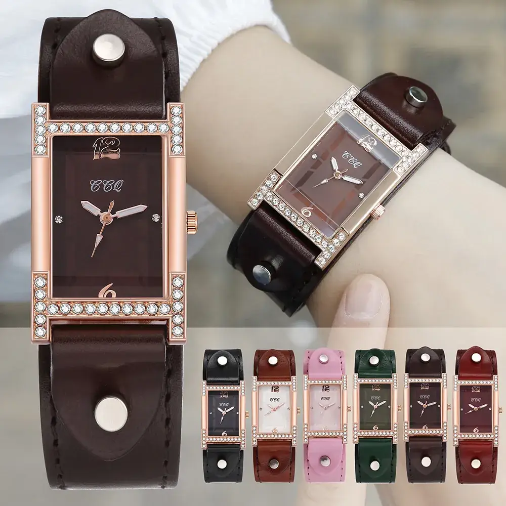 2022 Square Rhinestone Leather Watch Brown - Image 7