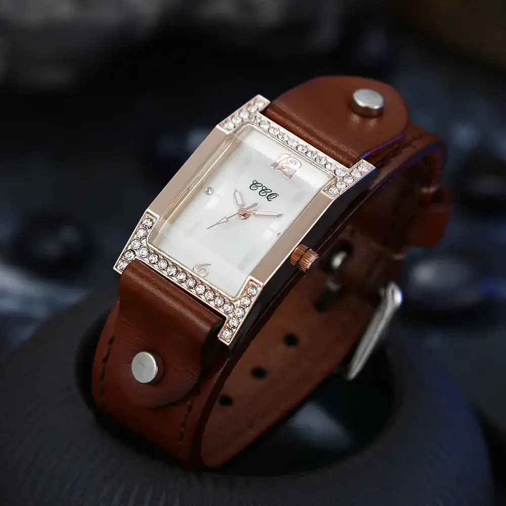 2022 Square Rhinestone Leather Watch Brown - Image 8