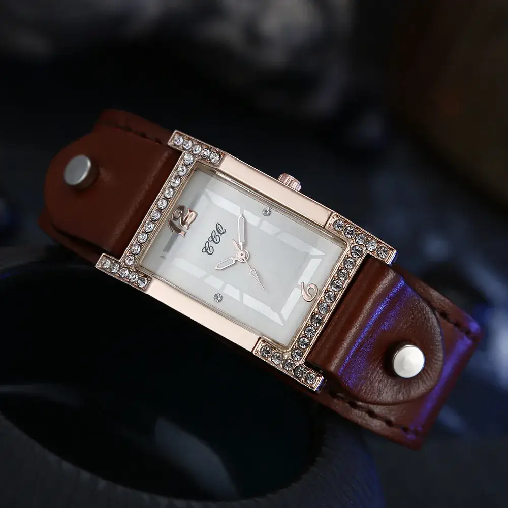 2022 Square Rhinestone Leather Watch Brown - Image 10
