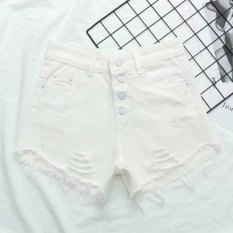 Women Denim Shorts White High Waist Chubby Style - Image 2